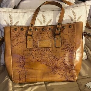 Patricia Nash Map Brown Leather Tote Bag with Handles and Long Strap